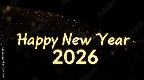 Golden glowing Happy New Year 2026 animation background with sparkling light particles 