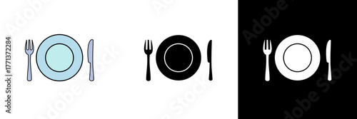 A dining set icon featuring a plate, fork, and knife, symbolizing meals, restaurants, and dining etiquette. Includes colored, black, and white styles for culinary themes.