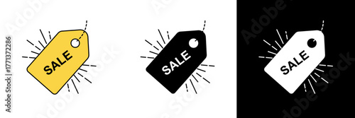 A bright yellow sale tag with radiant lines symbolizing discounts and promotions. Available in color, black, and white versions for marketing, shopping, or retail visuals.