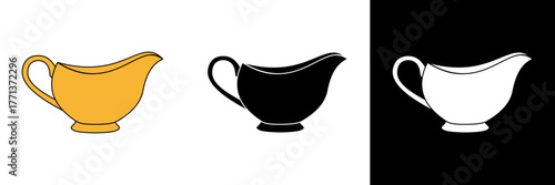 A gravy boat icon representing sauce or dressing, perfect for holiday meals or dining themes. Shown in gold, black, and white versions for flexible use in food-related designs.