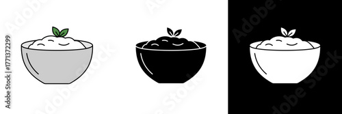 A bowl of rice with a small green sprout symbolizing nourishment, growth, and simplicity. Presented in gray, black, and white versions for diverse design applications.