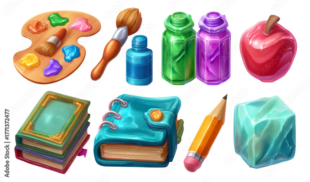 Obraz premium Colorful Art Supplies and Objects Illustration with Isolated Transparent Background