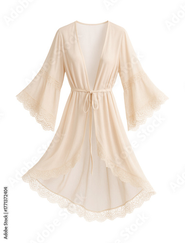 Lace-trimmed chiffon kimono with bell sleeves, perfect for beachwear.
