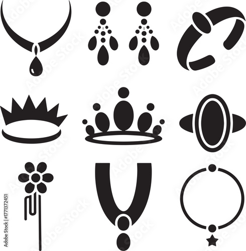 Collection of black jewelry icons including necklaces earrings bracelets rings crowns and a flower white
