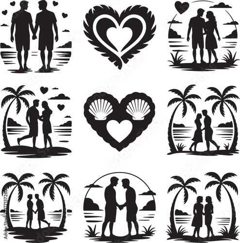 Couples holding hands on tropical beaches and romantic hearts love romance