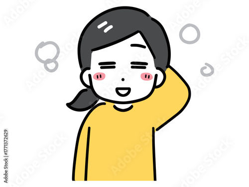 笑顔で少し照れている私服の若い女性(上半身・正面)	