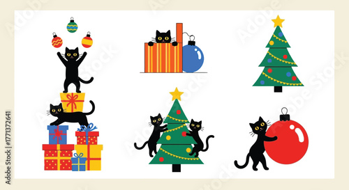 Festive Black Cats Celebrating Christmas with Colorful Decorations and Gift Boxes for Holiday Cheer