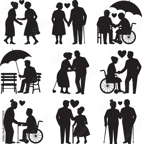 Elderly couples holding hands and sharing umbrellas love heart