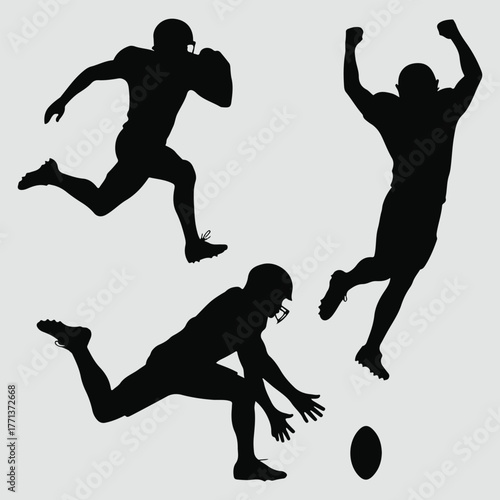 Dynamic silhouettes of american football players in action on a plain background