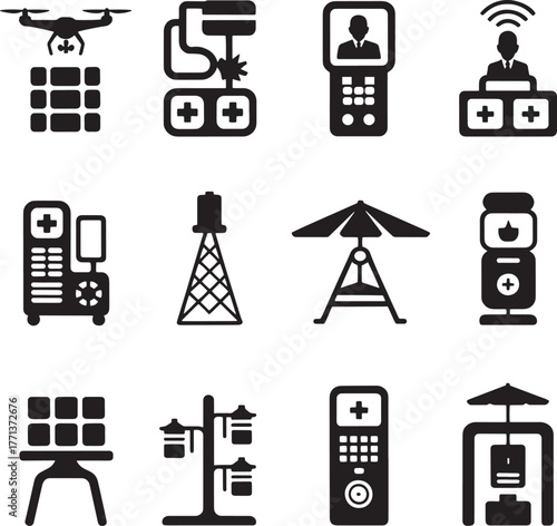 Drone delivering medical supplies and various medical equipment icons delivery technology