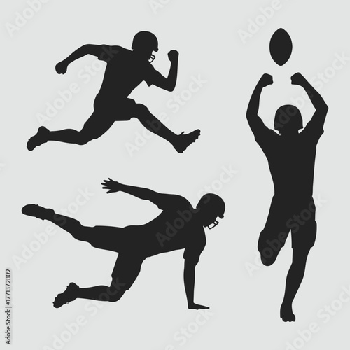 Dynamic silhouettes of american football players in action poses on a plain background