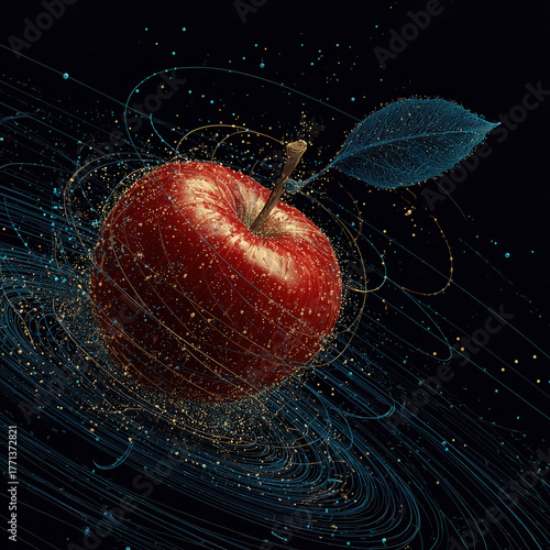 Apple floating in mid-air, concept of Newton?s gravity discovery, educational science art illustration
