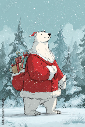 A cute polar bear in Santa Claus costume holds a bag of gifts in winter forest. Illustration for a card, print or poster