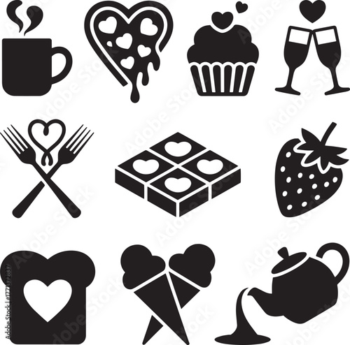 Heart shaped food and drink icons coffee pizza