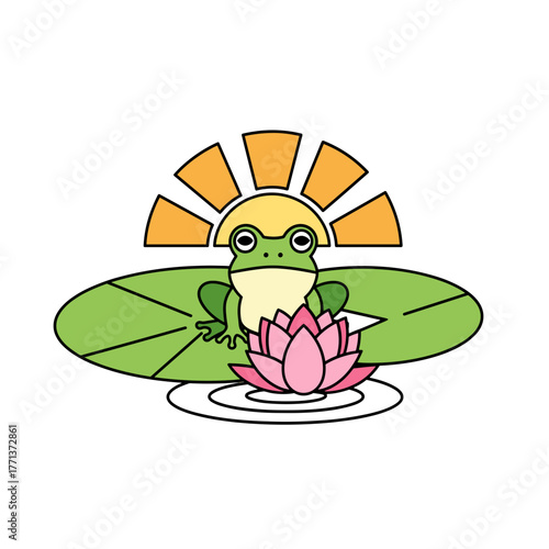 Frog with lily pad and lotus flower at sunrise in a tranquil pond  
