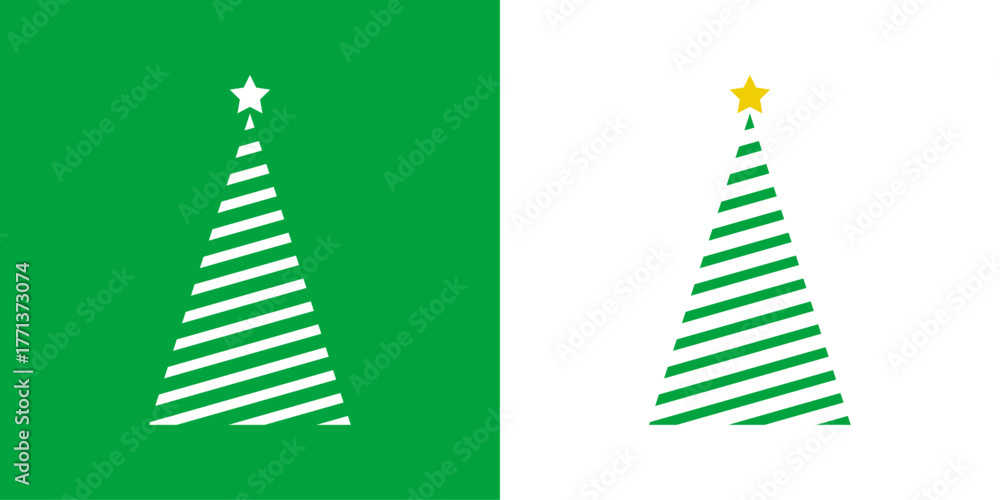 Logo con árbol de navidad con forma de triángulo con líneas en diagonal y estrella para tarjetas y felicitaciones de Navidad
