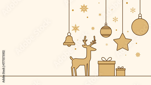 Gold Line Art Reindeer and Christmas Ornaments on Beige Background