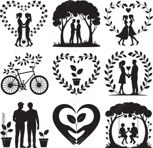Silhouettes of couples and nature elements love heart