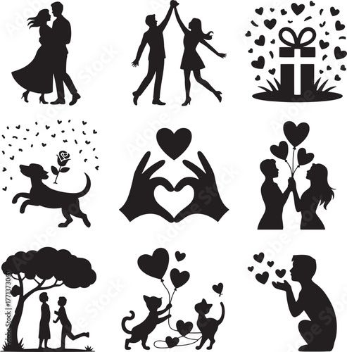 Silhouettes of couples animals and romantic symbols love hearts