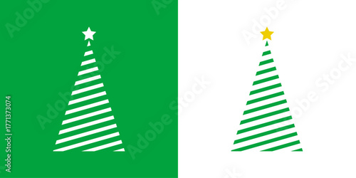 Logo con árbol de navidad con forma de triángulo con líneas en diagonal y estrella para tarjetas y felicitaciones de Navidad