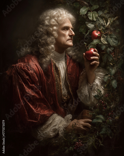 Portrait of Sir Isaac Newton with apple - photorealistic image symbolizing discovery and science history