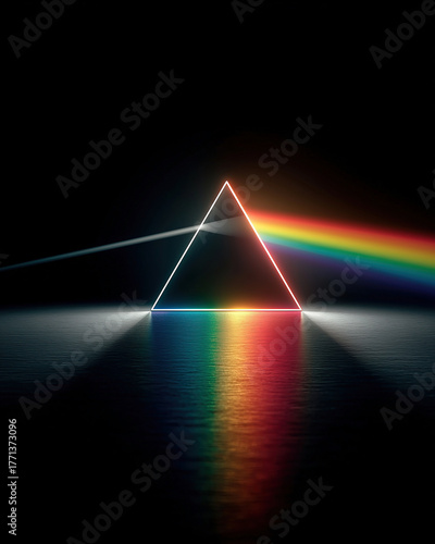 Prism splitting light into rainbow colors on black background, clean scientific illustration concept, Newton Day