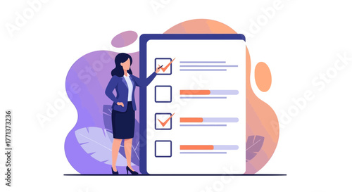 Businesswoman Presenting Checklist, Evaluating Progress, Project Management and Strategic Planning