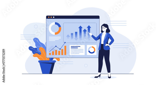 Businesswoman Presenting Data Analysis On Screen With Graphs And Charts Visualization