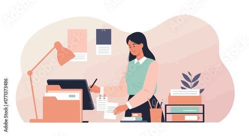 Businesswoman Working At Her Desk: A Creative And Modern Office Environment Scene
