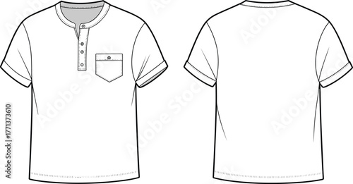 Men henley neck t shirt vector template front and back, short sleeve cuff, pocket button top, fashion flat apparel technical sketch