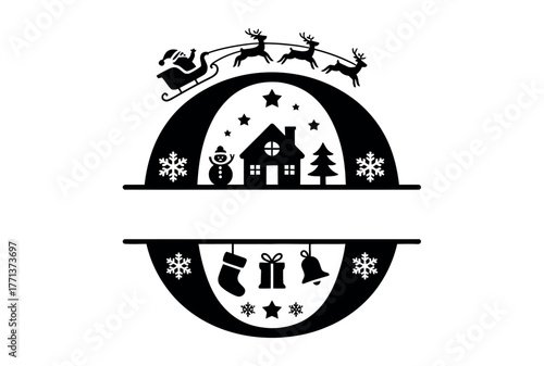 Santa's sleigh flies over a winter scene with a house and gifts.