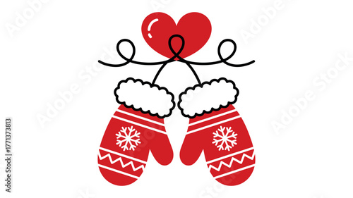 Two red mittens with white snowflake patterns are hanging from a string with a red heart above.
