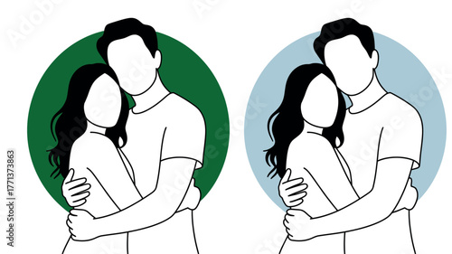 A couple embraces each other tightly with faceless outlines against colored backgrounds.