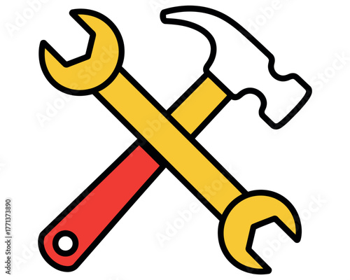 A hammer and wrench are crossed over each other on a white background.