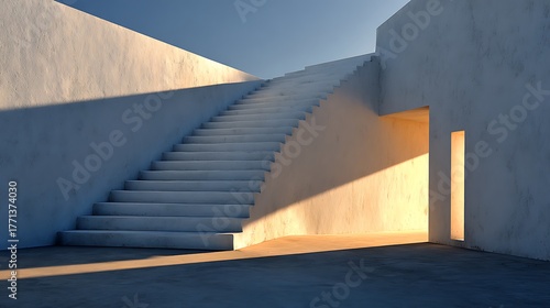 Off-white concrete wall and steps illuminated by warm sunlight creating subtle shadow gradients, minimal architecture with clean balance and natural tone, perfect blank background for modern layout.