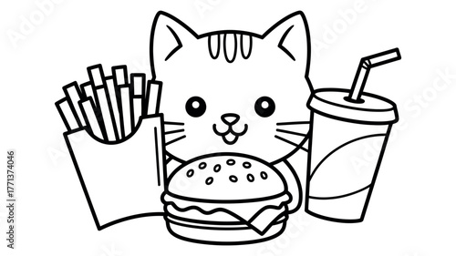A cute cat character is depicted with a hamburger, french fries, and a drink.