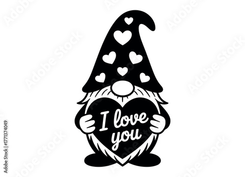 A black and white gnome wearing a hat with hearts holds a heart that says 'I love you'.