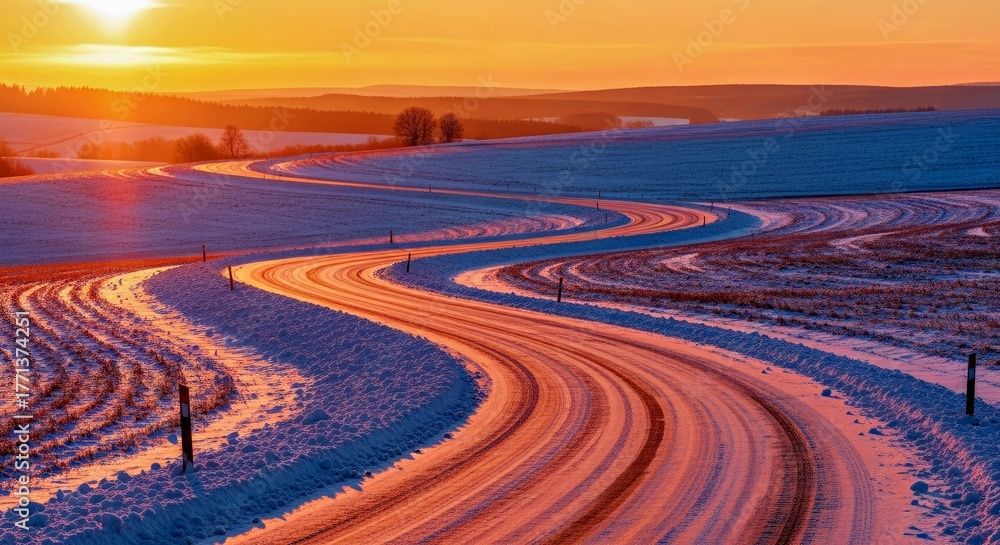 Fototapeta premium Scenic Snowy Winding Country Road at Warm Sunset