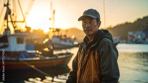 漁師の男性、夕方の漁港