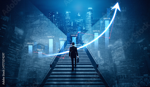 Bild auf Leinwand A businessman climbs stairs surrounded by a glowing financial chart against a night city backdrop, representing ambition and success in the corporate world