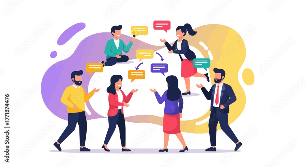 Naklejka premium People Communicating, Discussing, and Sharing Ideas in a Colorful, Modern Illustration
