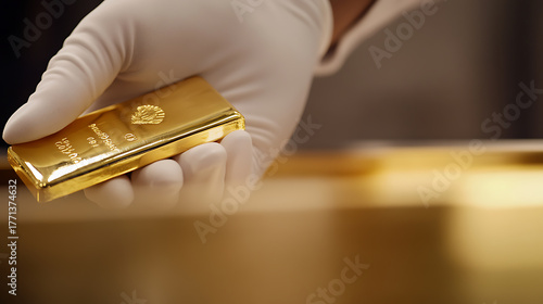 Fototapeta Naklejka Na Ścianę i Meble -  Hand in glove holding a shining gold bar, symbolising wealth and prosperity. Metallic and luxurious, it represents a tangible investment and financial security.