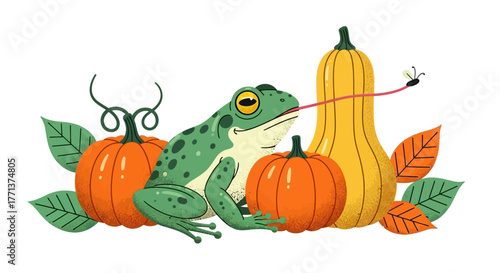 Whimsical Autumn Scene: Frog Catching Fly with Pumpkins & Squash