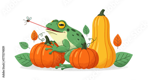 Whimsical Autumn Scene: Frog Catching Fly with Pumpkins & Squash