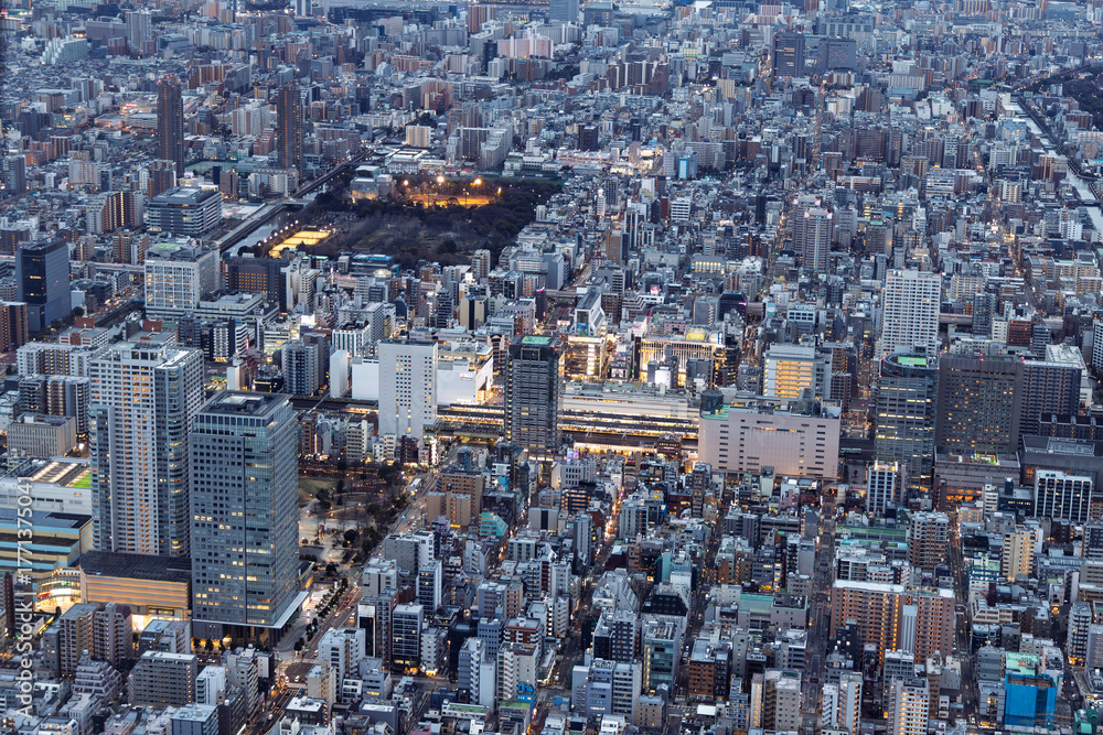Obraz premium Birdview from the The Sakura Skytree tower in Tokyo Japan during twilight. One of World's tallest towers of 634 meters.