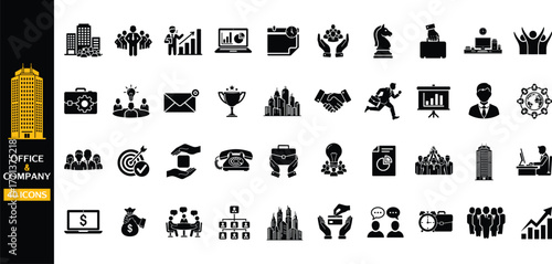 office company business icon set, corporate management symbols, professional workplace pictograms, teamwork success vector art