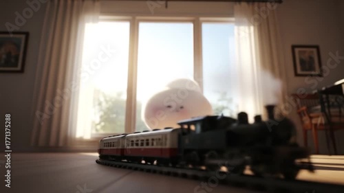 Toy Train and Car Scene by a Sunny Window