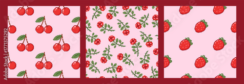 Set of seamless patterns with pixel cherry, strawberry and rose. Hand drawn vector illustration for wrapping paper, textile, fabric.