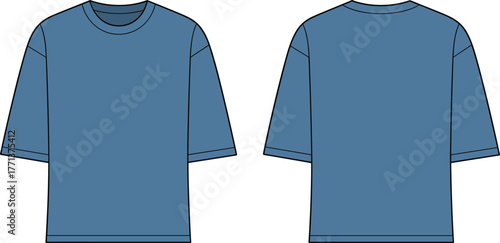 Oversized casual t-shirt cad drawing flat vector, men fashion technical sketch, drop shoulder crew neck top template front back view