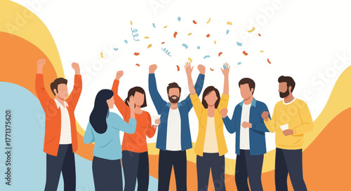 Group Celebrating Success in a Joyful and Colorful Environment with Confetti